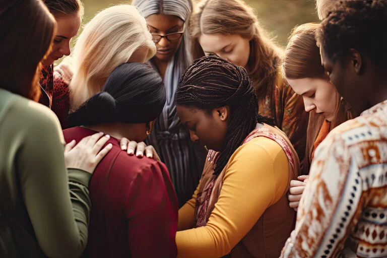 Friends praying together with arms around each other